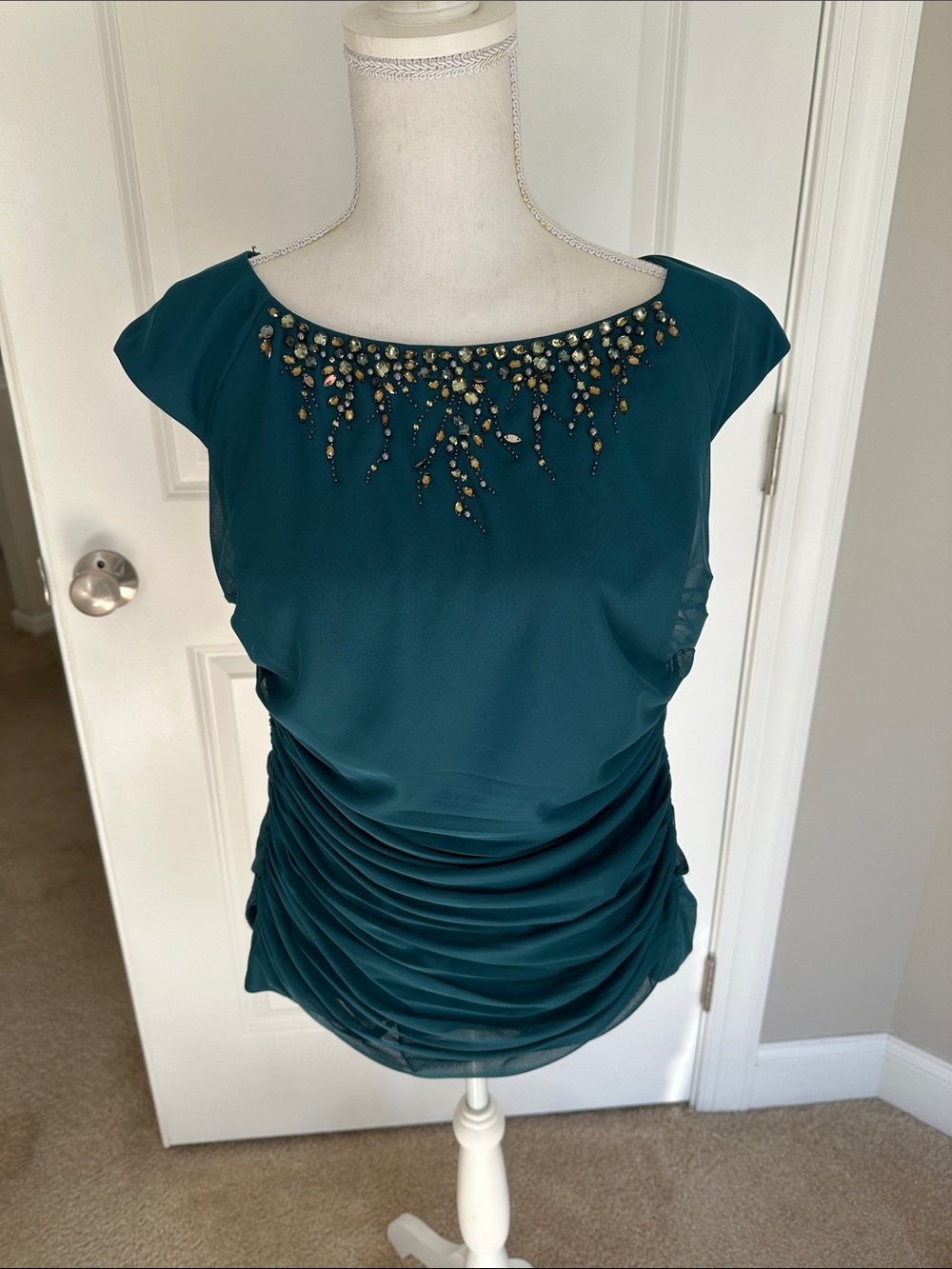 Adrianna Papell Teal Beaded Ruched Blouse